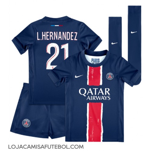 Camisa de Futebol Paris Saint-Germain Lucas Hernandez #21 Equipamento Principal Infantil 2024-25 Manga Curta (+ Calças curtas)